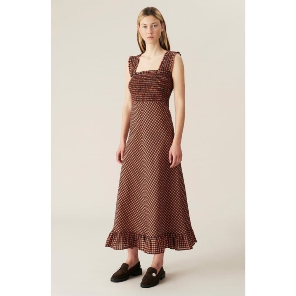 NEW Ganni Seersucker Check Dress Flame 40